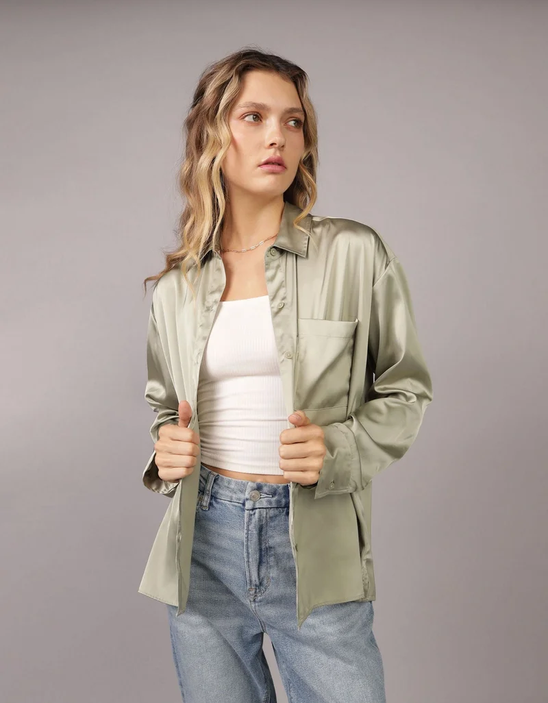 American Eagle AE Satin Button-Up Shirt
