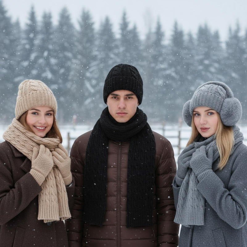 ShinyMatch 12 Pcs Winter Hat Gloves Scarf Earmuff Set Beanie Pompom Fleece Lining Hat Touch Screen Gloves Knitted Scarf(Black, Beige, Gray,Trendy Style) - Image 4