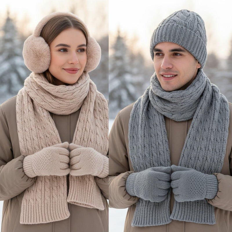 ShinyMatch 12 Pcs Winter Hat Gloves Scarf Earmuff Set Beanie Pompom Fleece Lining Hat Touch Screen Gloves Knitted Scarf(Black, Beige, Gray,Trendy Style) - Image 2