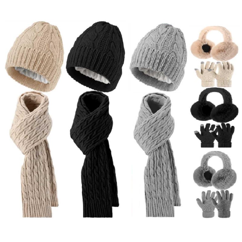 ShinyMatch 12 Pcs Winter Hat Gloves Scarf Earmuff Set Beanie Pompom Fleece Lining Hat Touch Screen Gloves Knitted Scarf(Black, Beige, Gray,Trendy Style) - Image 1