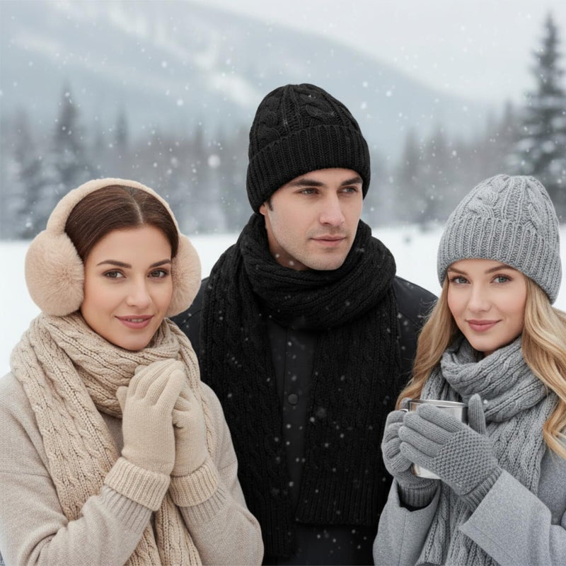 ShinyMatch 12 Pcs Winter Hat Gloves Scarf Earmuff Set Beanie Pompom Fleece Lining Hat Touch Screen Gloves Knitted Scarf(Black, Beige, Gray,Trendy Style) - Image 3