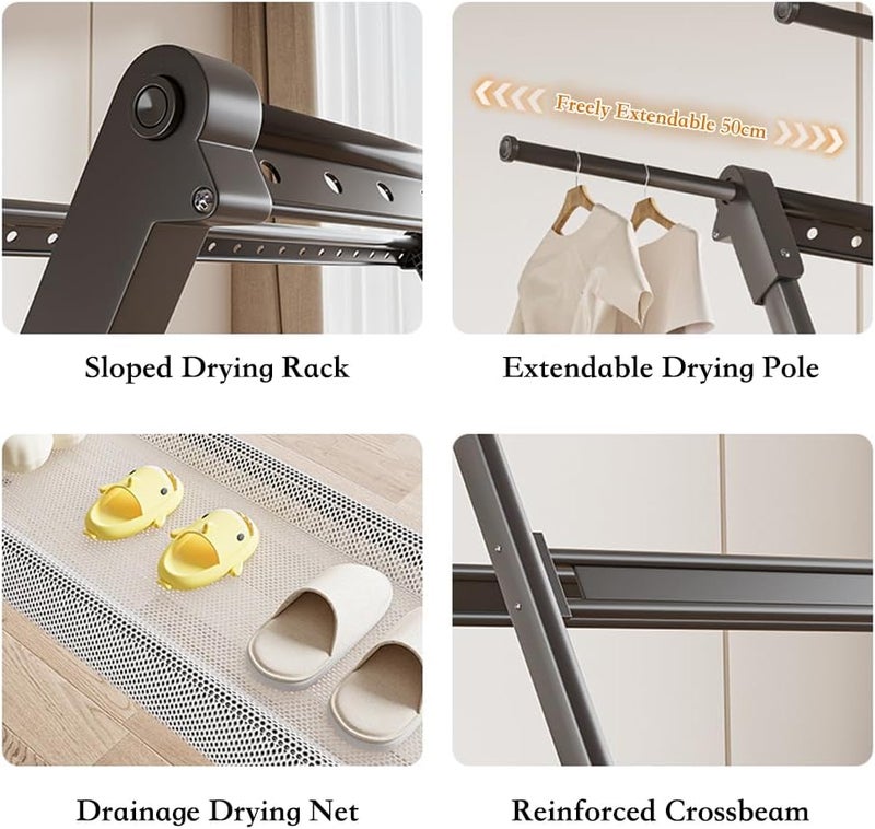 MOZOGOT Foldable X Clothes Drying Rack Expandable Laundry Drying Racks, Heavy Duty Freestanding Garment Rack Retractable Clothes Rack for Indoor Outdoor, Windproof Hooks (150CM, Grey) - Image 5