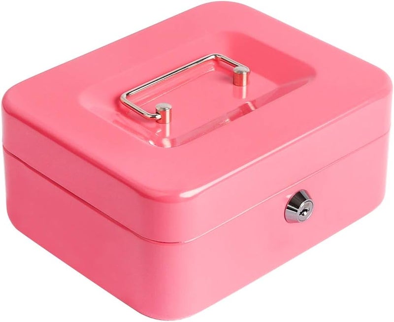 Decaller Cash Box with Money Tray, Metal Locking Money Box with Key Lock for Security, 7 4/5" x 6 1/3" x 3 1/2", Pink - Image 1