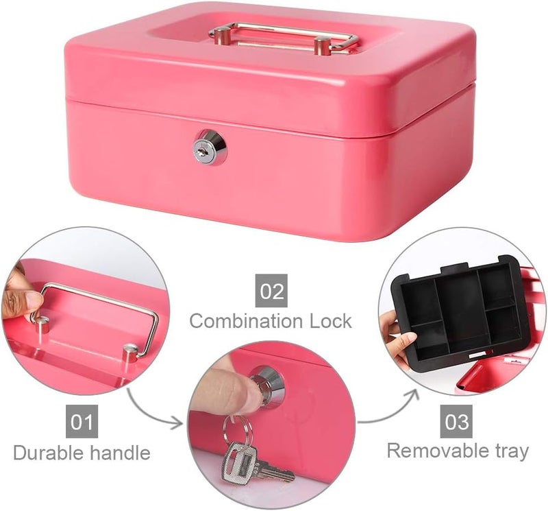 Decaller Cash Box with Money Tray, Metal Locking Money Box with Key Lock for Security, 7 4/5" x 6 1/3" x 3 1/2", Pink - Image 3