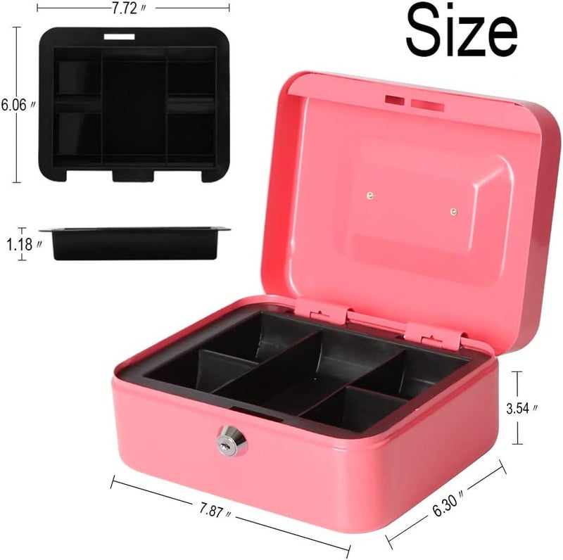 Decaller Cash Box with Money Tray, Metal Locking Money Box with Key Lock for Security, 7 4/5" x 6 1/3" x 3 1/2", Pink - Image 2