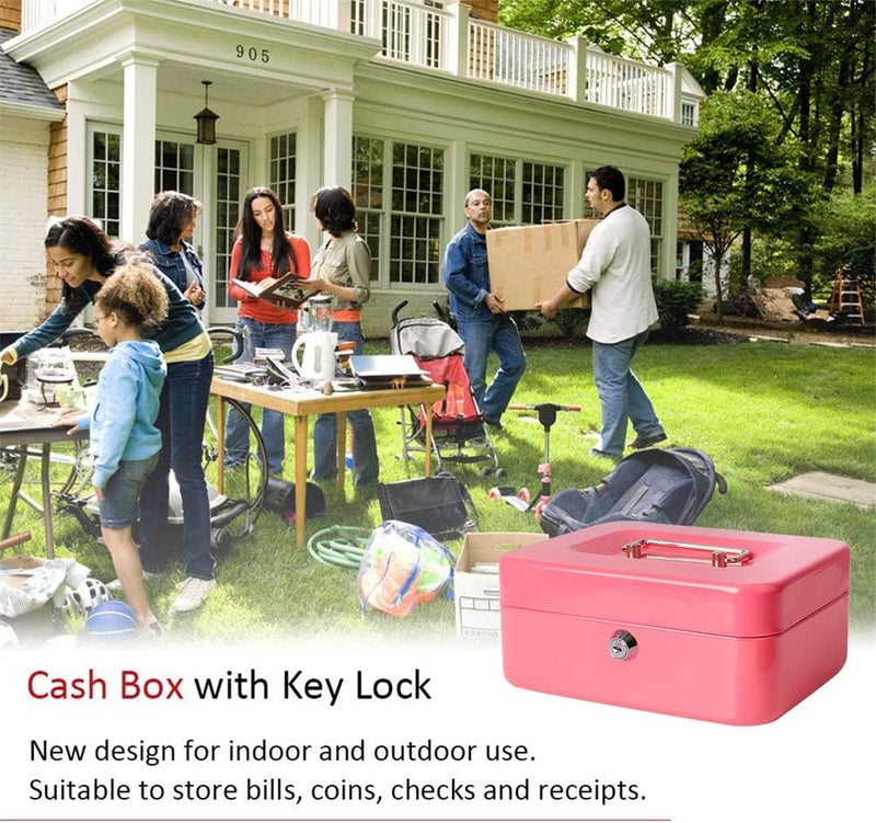 Decaller Cash Box with Money Tray, Metal Locking Money Box with Key Lock for Security, 7 4/5" x 6 1/3" x 3 1/2", Pink - Image 5