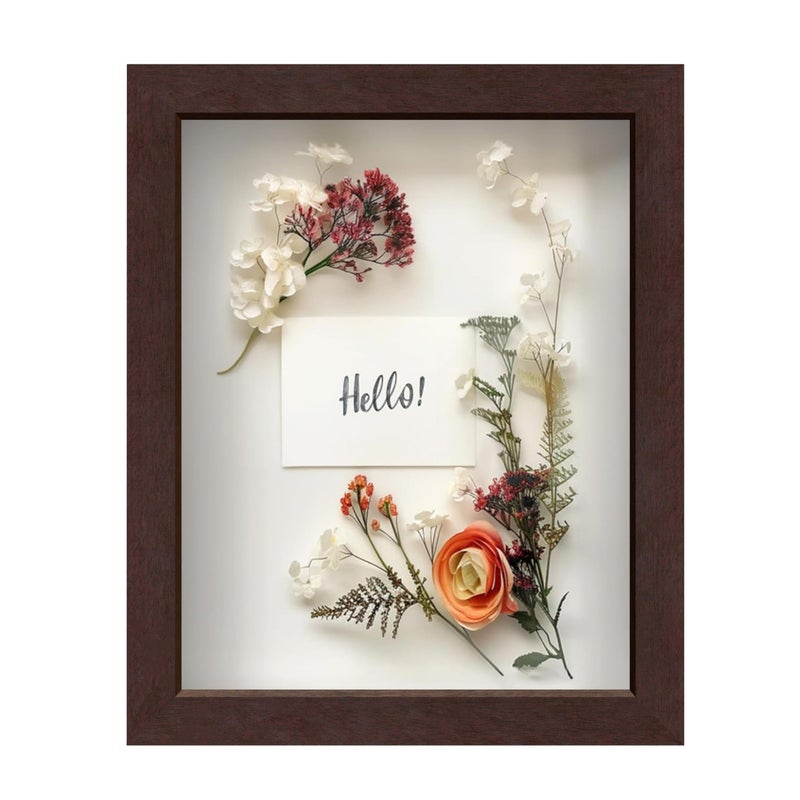 FrameWorks Mahogany Wooden Shadow Box Frame  8 x 10 Display Case with Soft Felt Back Tempered Glass Elegant White Ball Push Pins