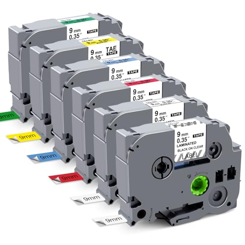 RAEMALL P Touch Label Tape 9mm 0.35 Inch Replacement for TZe-221 TZe121 TZe 421 521 621 721 Work for P Touch Label Maker PT-D210 H110 D600 (Black on White/Clear/Red/Blue/Yellow/Green), 6 Pack - Image 1
