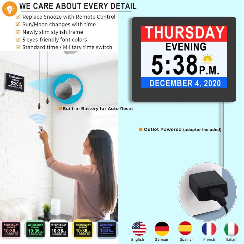 VÃ©faÃ®Ã® 20 Alarms Digital Clock 8 INCH Large with 1280 * 800P HD, Auto DST, Custom Reminders, 6 Display, 7 Color Modes, 10-Level Auto Dimmer, Clock for Seniors & Schoolkids- with Remote - Image 3