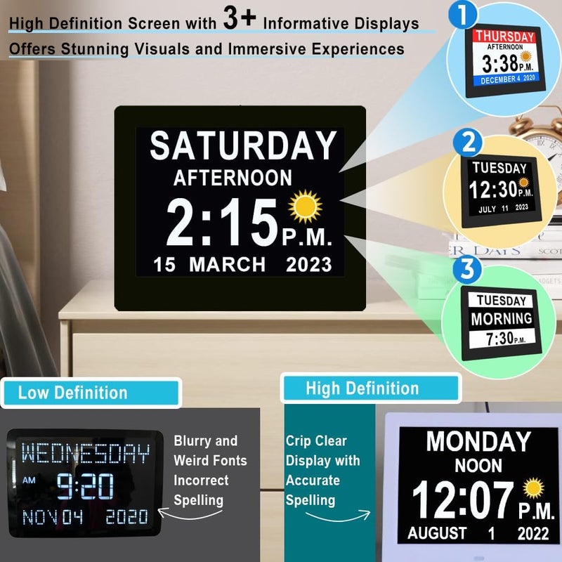 VÃ©faÃ®Ã® 20 Alarms Digital Clock 8 INCH Large with 1280 * 800P HD, Auto DST, Custom Reminders, 6 Display, 7 Color Modes, 10-Level Auto Dimmer, Clock for Seniors & Schoolkids- with Remote - Image 2