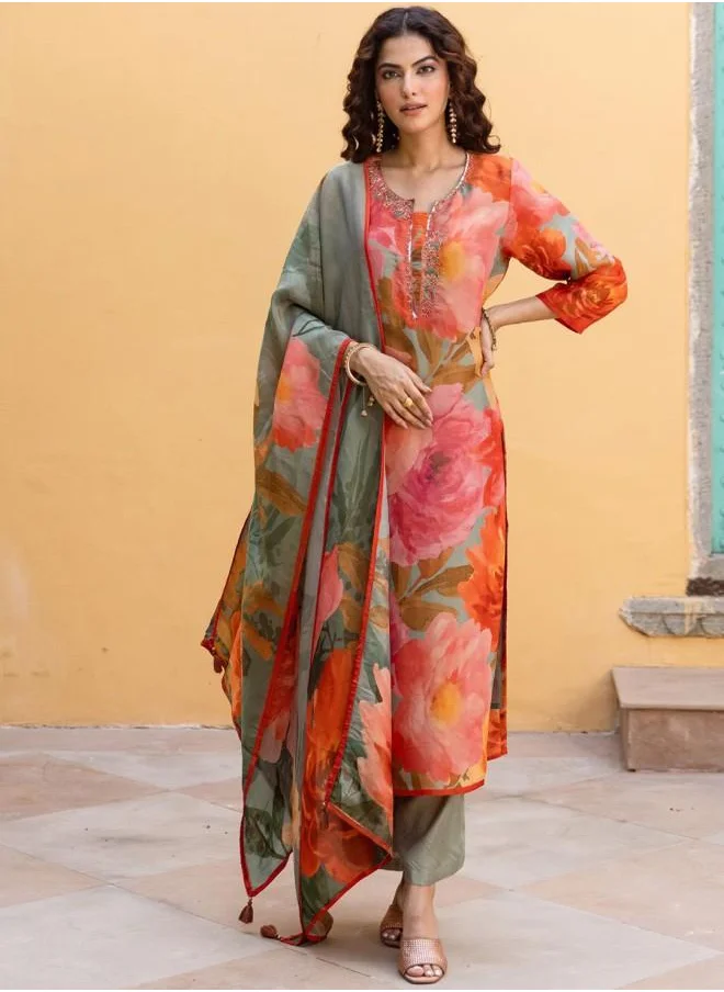 آي شين Festive Women Multicolour Rayon Kurta Set with Embroidered pattern Tunic and Palazzo features a Round neckline and Three-Fourth Sleeve secured with Elastic closure and styled in Straight Fit ideal for Festive moments — designed to make heads turn.