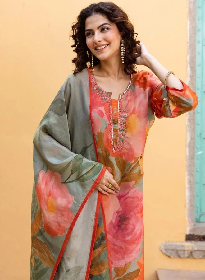 ISHIN Women's Multicolour Rayon Embroidered Tunic Full Length Palazzo Straight Fit Kurta Set