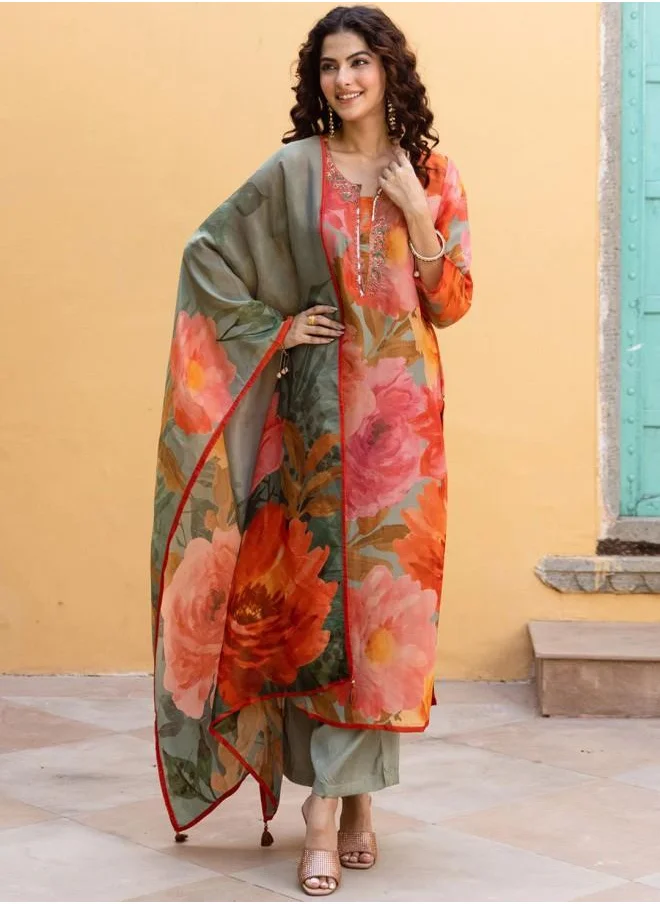 ISHIN Festive Women Multicolour Rayon Kurta Set with Embroidered pattern Tunic and Palazzo features a Round neckline and Three-Fourth Sleeve secured with Elastic closure and styled in Straight Fit ideal for Festive moments — designed to make heads turn.