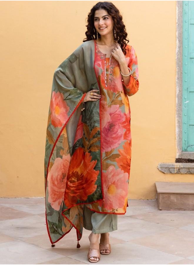ISHIN - Festive Women Multicolour Rayon Kurta Set with Embroidered pattern Tunic and Palazzo features a Round neckline and Three-Fourth Sleeve secured with Elastic closure and styled in Straight Fit ideal for Festive moments — designed to make heads turn. - Image 1