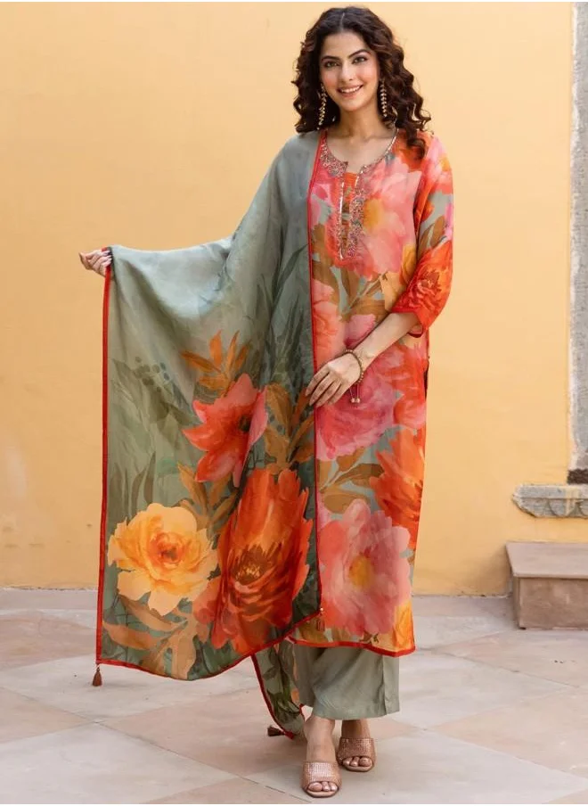 ISHIN Festive Women Multicolour Rayon Kurta Set with Embroidered pattern Tunic and Palazzo features a Round neckline and Three-Fourth Sleeve secured with Elastic closure and styled in Straight Fit ideal for Festive moments — designed to make heads turn.