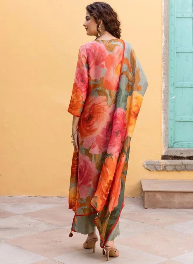 ISHIN Women's Multicolour Rayon Embroidered Tunic Full Length Palazzo Straight Fit Kurta Set