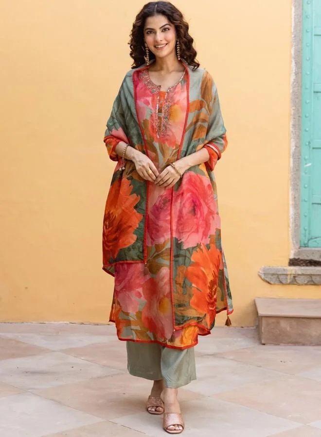 ISHIN Women's Multicolour Rayon Embroidered Tunic Full Length Palazzo Straight Fit Kurta Set