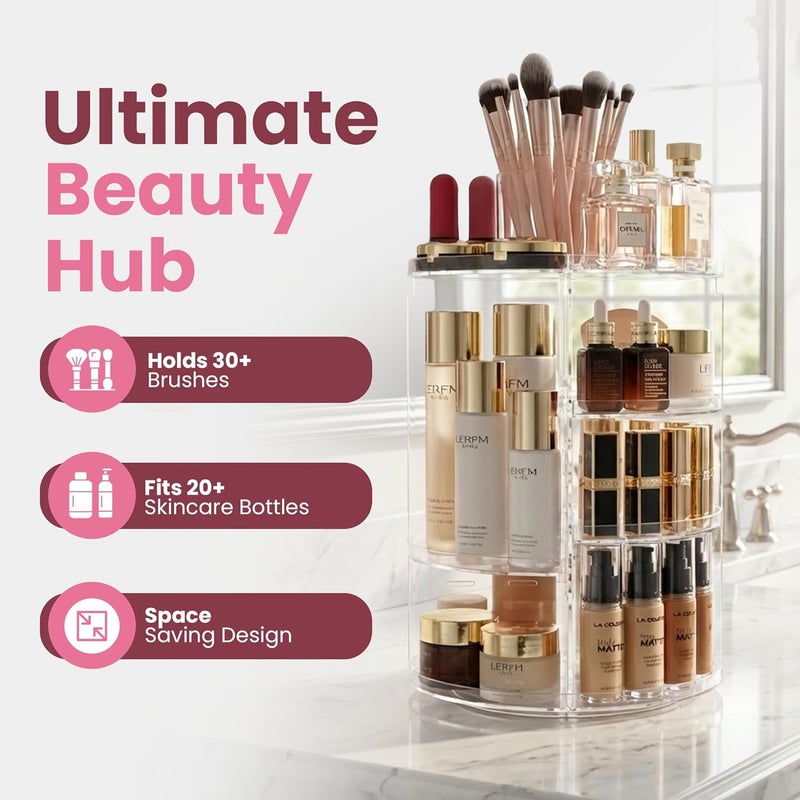 Masirs 360 Rotating Makeup Organizer - Adjustable Shelf Height and Fully Rotatable. The Perfect Cosmetic Organizer for Bedroom Dresser or Vanity Countertop. (Clear) - Image 2