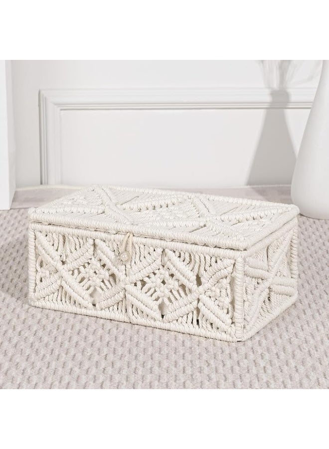 انتيكيانو سلة تخزين مكرمية مع غطاء شنط هدايا من الاورجانزا صندوق مجوهرات بوهيمي منسوج يدويا حبل القطن الطبيعي مزخرف لسطح المكتب منظم مكياج الطاولة حاوية خزانة اوف وايت - Image 3