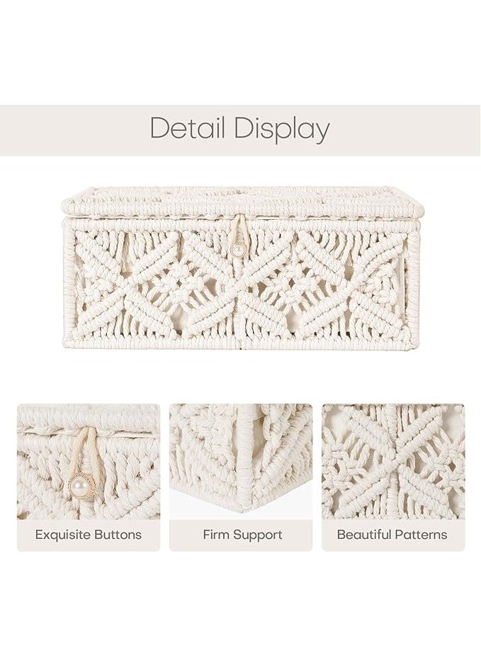 انتيكيانو سلة تخزين مكرمية مع غطاء شنط هدايا من الاورجانزا صندوق مجوهرات بوهيمي منسوج يدويا حبل القطن الطبيعي مزخرف لسطح المكتب منظم مكياج الطاولة حاوية خزانة اوف وايت - Image 2