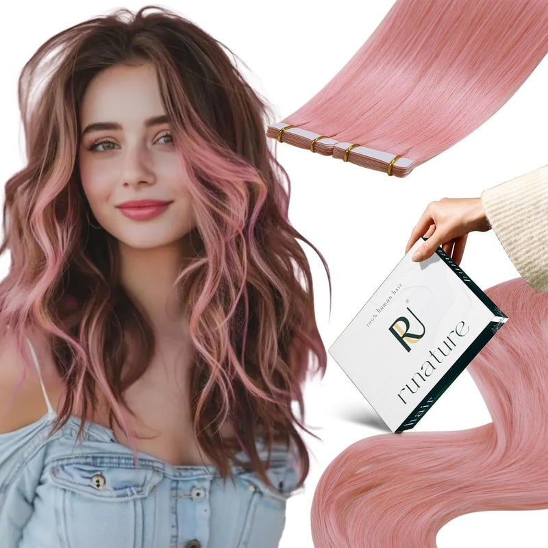 RUNATURE Tape in Hair Extensions Human Hair Pink Hair Extensions 14 Inch Tape in Hair Extensions Pink Human Hair Tape in Extensions Light Pink Tape in Human Hair Extensions for Girl 10pcs 20g