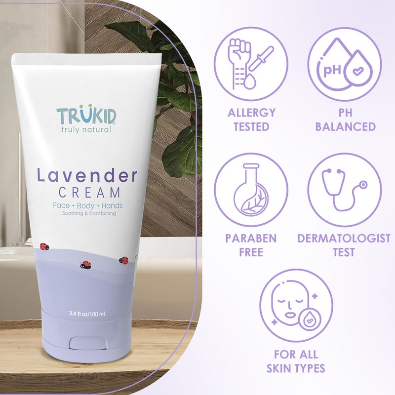 TruKid Lavender Cream - Sensitive Skin Baby Lotion for Newborns, Babies & Toddlers, All Natural Ingredient Skin Care for Kids Enriched with Shea Butter, Cocoa, Grape Seed Oil & Vitamin E, 3.4oz - Image 2