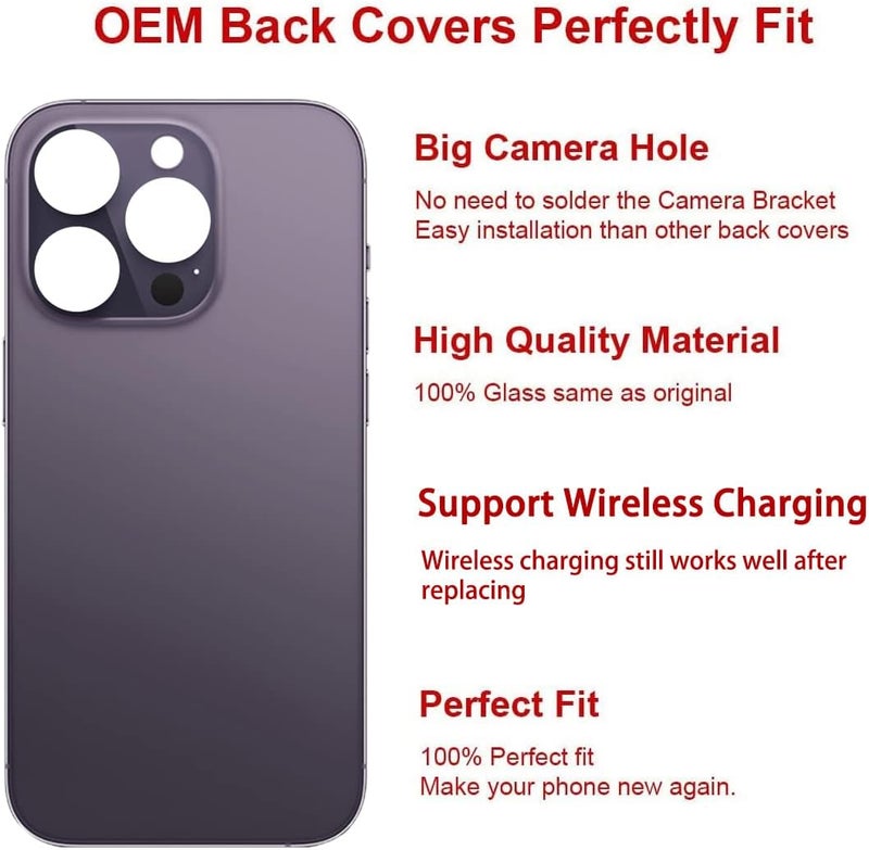 Perzework استبدال زجاج خلفي أصلي لجهاز آيفون 14 برو 6.1 بوصة مع مجموعة أدوات الإصلاح ودليل (أرجواني داكن) - Image 3