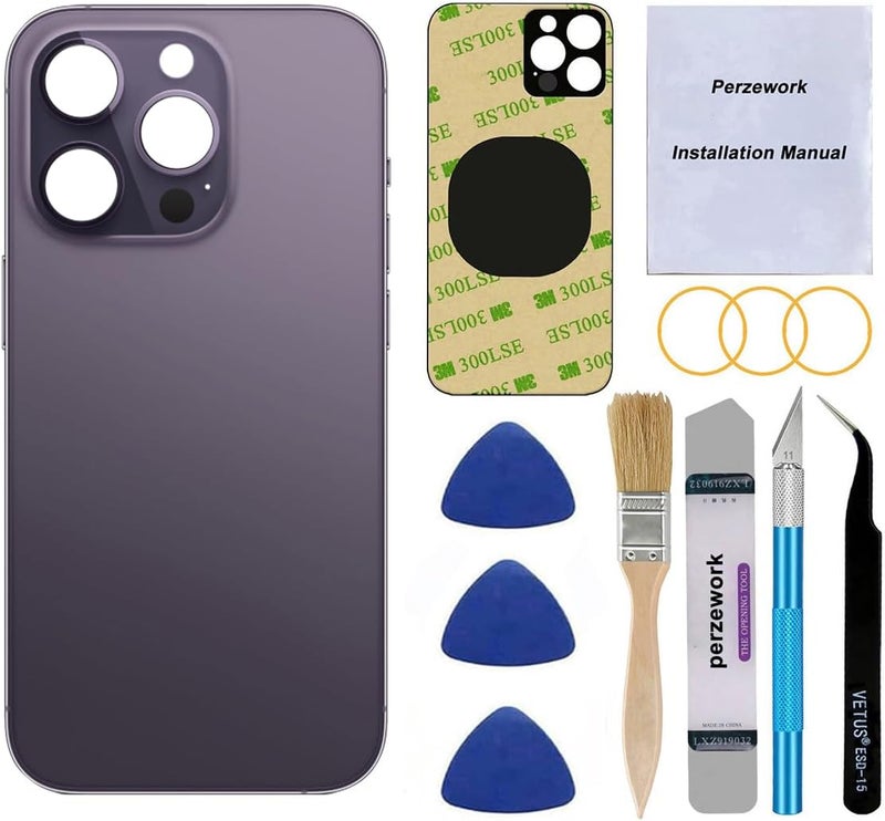Perzework استبدال زجاج خلفي أصلي لجهاز آيفون 14 برو 6.1 بوصة مع مجموعة أدوات الإصلاح ودليل (أرجواني داكن) - Image 1