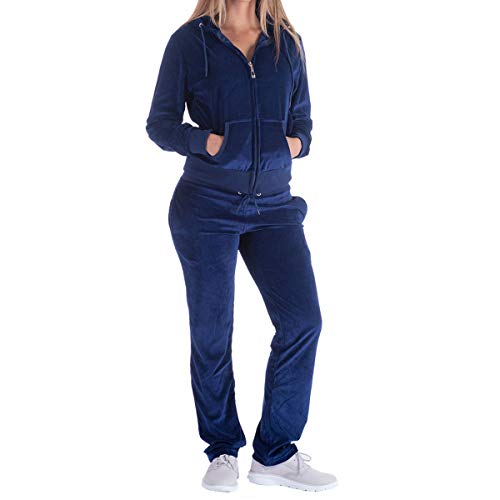 Facitisu Women's 2 Piece Solid Velvet Tracksuit Zip-Up Hooded Jacket and Matching Pants Sweatsuits Sets Jogging Suit Medium Navy - Image 2