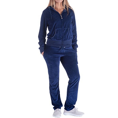 Facitisu Women's 2 Piece Solid Velvet Tracksuit Zip-Up Hooded Jacket and Matching Pants Sweatsuits Sets Jogging Suit Medium Navy - Image 1