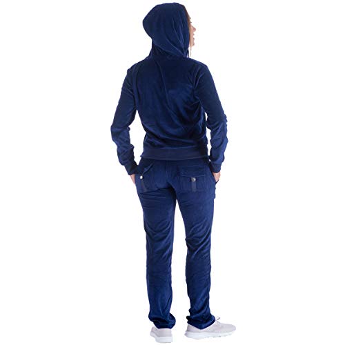 Facitisu Women's 2 Piece Solid Velvet Tracksuit Zip-Up Hooded Jacket and Matching Pants Sweatsuits Sets Jogging Suit Medium Navy - Image 3
