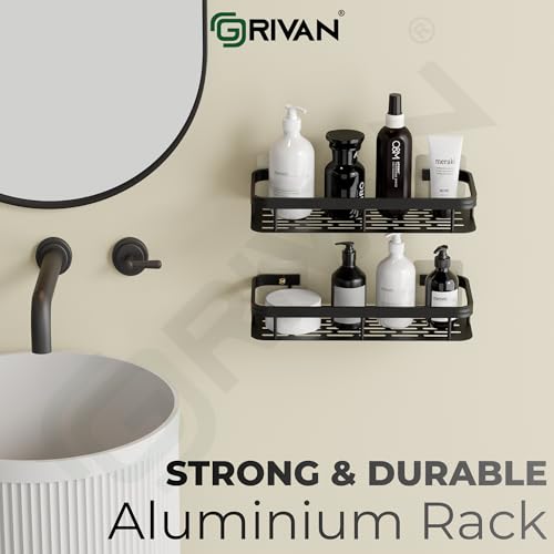GRIVAN Modern Aluminium Self-Adhesive Wall Mounted 12-inch Bathroom Rack Shelf Organiser | Bathroom Accessories Without Drill for Bathroom and Kitchen (Black, Pack of 2) - Image 3