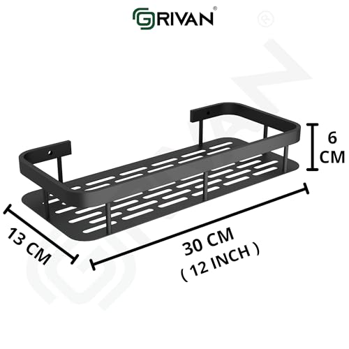 GRIVAN Modern Aluminium Self-Adhesive Wall Mounted 12-inch Bathroom Rack Shelf Organiser | Bathroom Accessories Without Drill for Bathroom and Kitchen (Black, Pack of 2) - Image 2