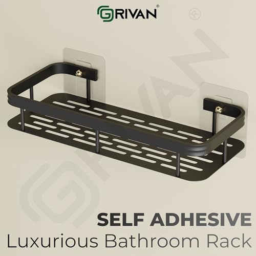 GRIVAN Modern Aluminium Self-Adhesive Wall Mounted 12-inch Bathroom Rack Shelf Organiser | Bathroom Accessories Without Drill for Bathroom and Kitchen (Black, Pack of 2) - Image 4