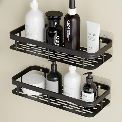 GRIVAN Modern Aluminium Self-Adhesive Wall Mounted 12-inch Bathroom Rack Shelf Organiser | Bathroom Accessories Without Drill for Bathroom and Kitchen (Black, Pack of 2) - Image 1
