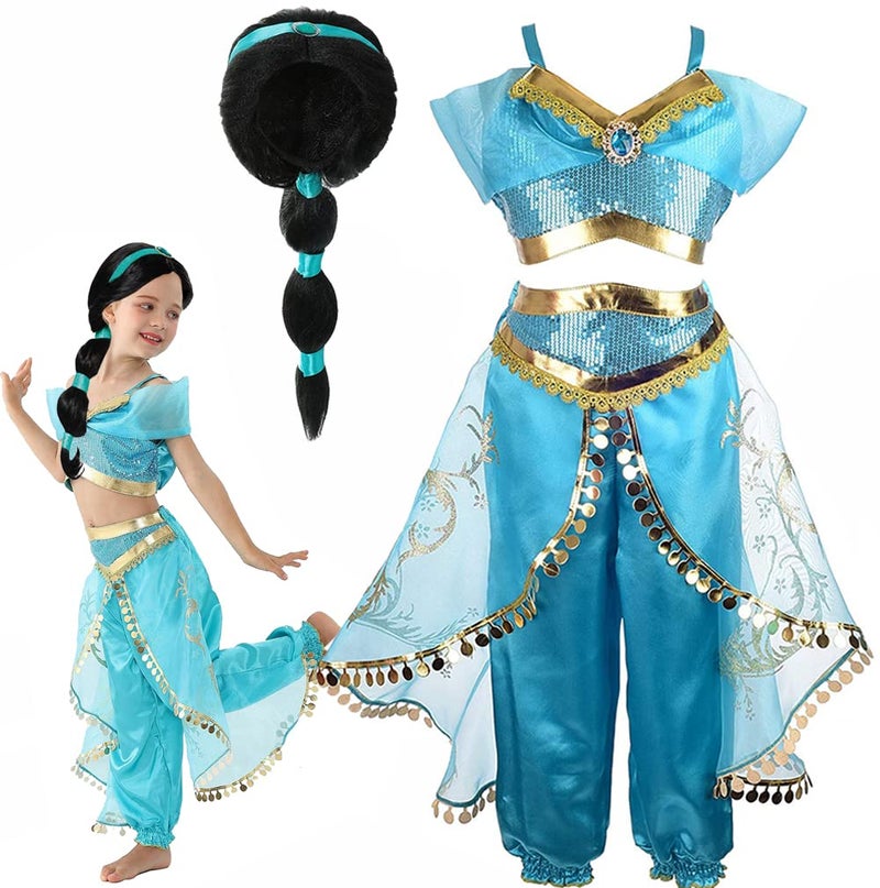 Girls Jasmine Costume Arabian Princess Jasmine Cosplay Costume with Wig Halloween Party Dress up Costume for Kids 12045T