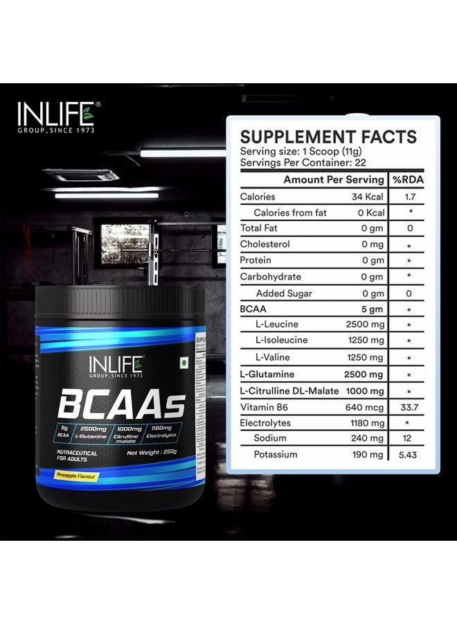 Inlife مكمل INLIFE BCAA 7 جرام | أحماض أمينية مُعالجة للقبل والبعد والداخل | مشروب طاقة للتمرين، 2.5 جرام L-جلوتامين، 1 جرام سيترولين ماليت، 1180 ملجم مسحوق إلكتروليتات (أناناس، 250 جرام) - Image 2