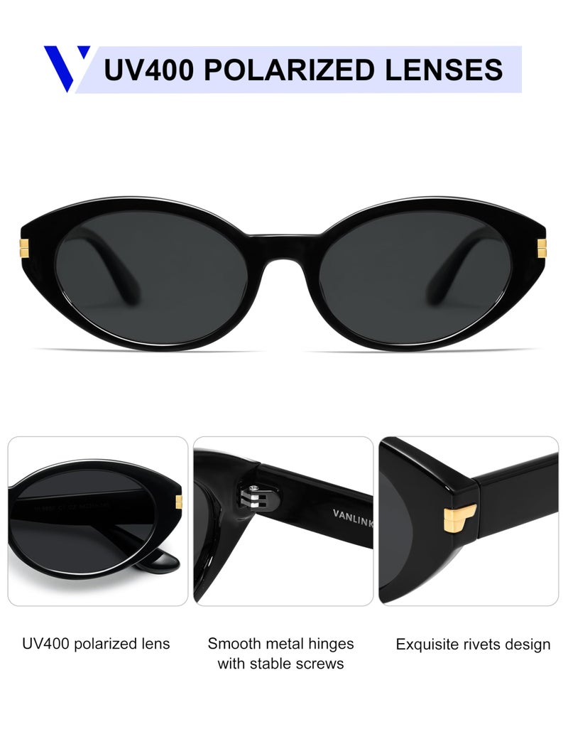 VANLINKER Polarized Retro Oval Sunglasses for Women Men Small Face Vintage 90s Shades VL9850,Black - Image 4