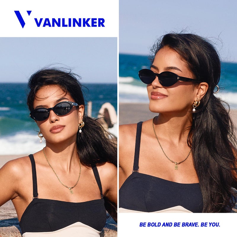 VANLINKER Polarized Retro Oval Sunglasses for Women Men Small Face Vintage 90s Shades VL9850,Black - Image 2