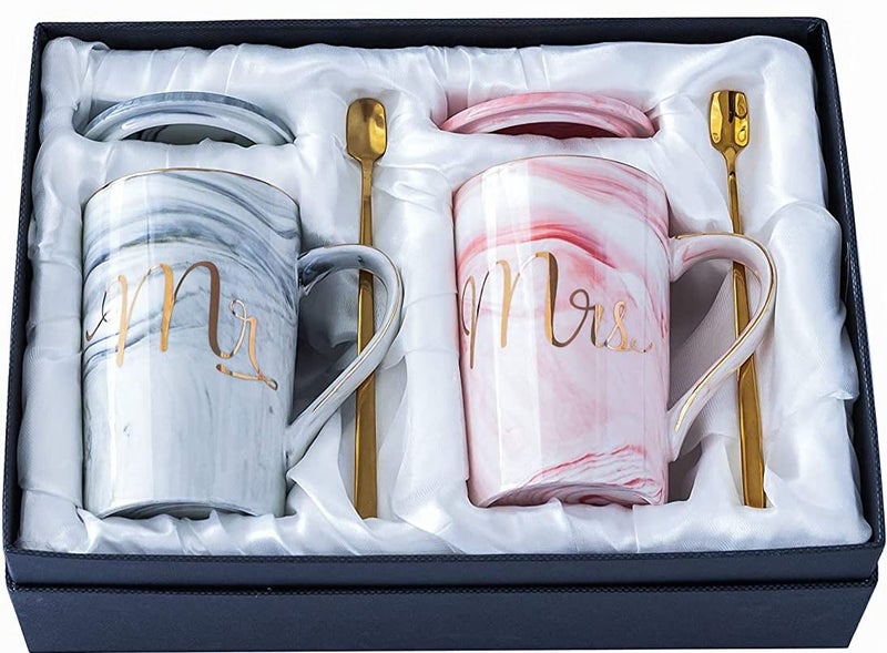 KELVEE Mr And Mrs Coffee Mugs With Lid Spoon Set Of 2 Wedding Gifts For CoupleBride And Groom Ceramic Marble Cups For Bridal Engagement Wedding Married Couples Anniversary 400 ML - Image 1