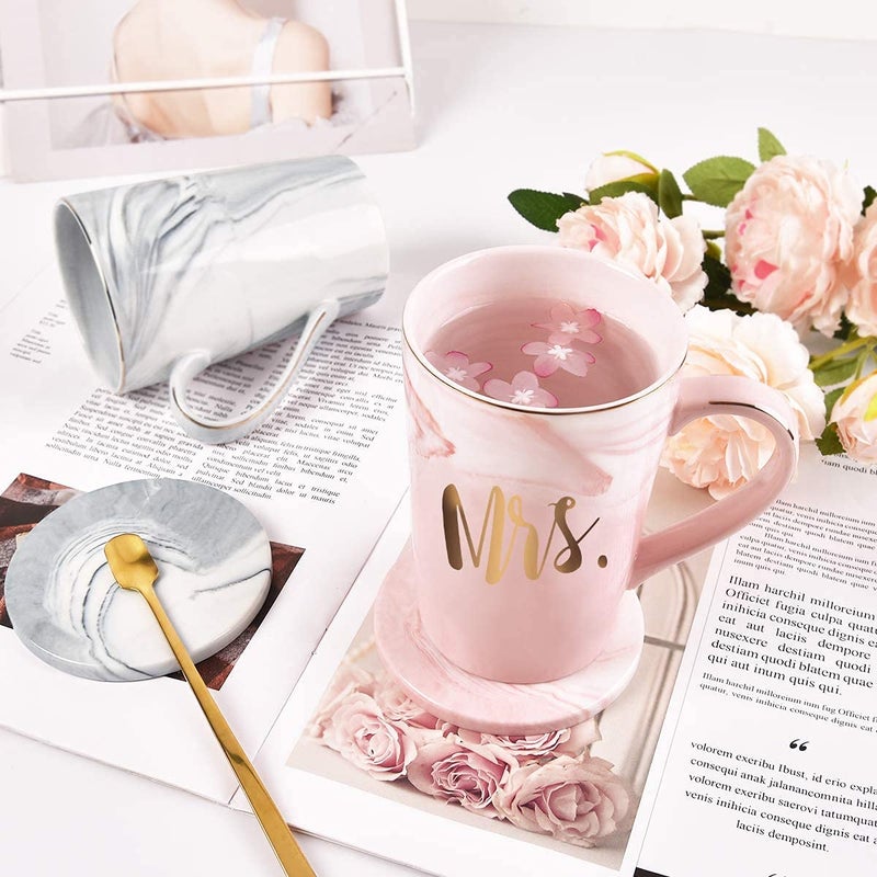 KELVEE Mr And Mrs Coffee Mugs With Lid Spoon Set Of 2 Wedding Gifts For CoupleBride And Groom Ceramic Marble Cups For Bridal Engagement Wedding Married Couples Anniversary 400 ML - Image 4
