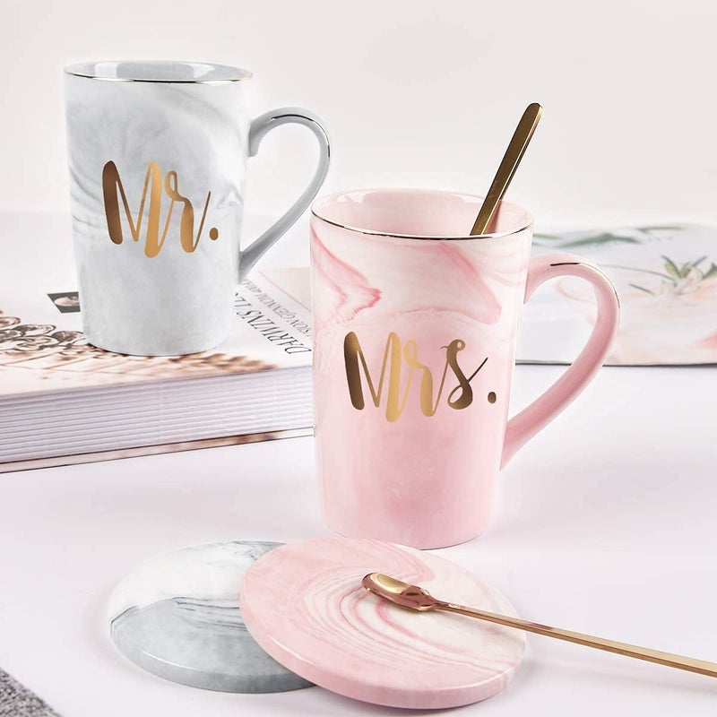 KELVEE Mr And Mrs Coffee Mugs With Lid Spoon Set Of 2 Wedding Gifts For CoupleBride And Groom Ceramic Marble Cups For Bridal Engagement Wedding Married Couples Anniversary 400 ML - Image 2
