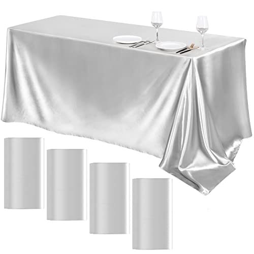 TURSTIN 4 Packs Satin Tablecloth 102 x 58 Inch Overlay Satin Table Cover Rectangle Bright Silk Tablecloth Smooth Fabric Table Decoration for Wedding Banquet Party Events Silver