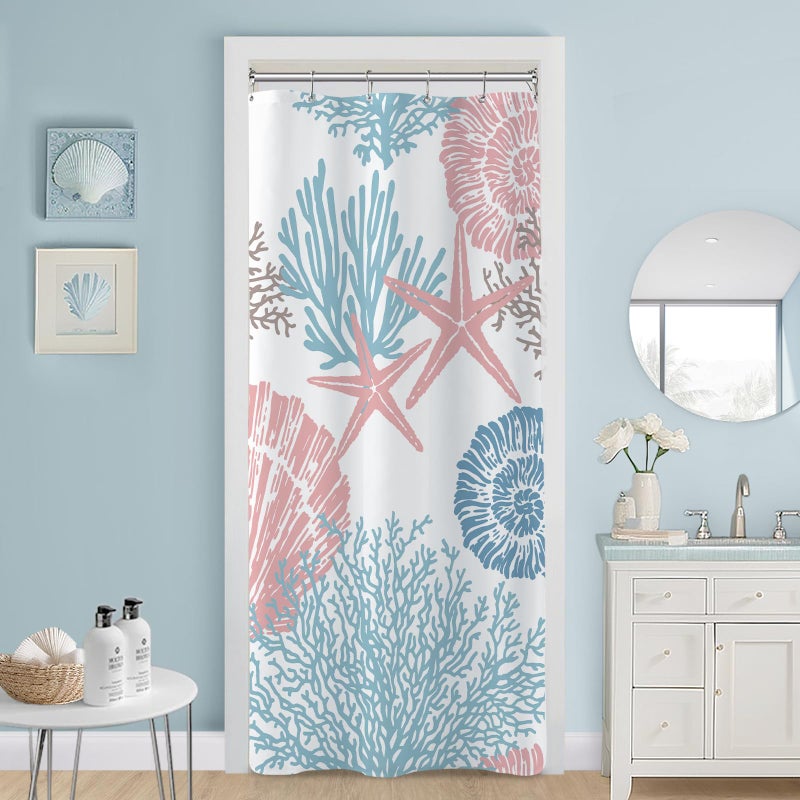 MAYZUS Small Stall Shower Curtain 36 x 72 Inch  Half Narrow Blue Pink Nautical Coastal Shower Curtain  Summer Tropical Seashell Starfish Coral Beach Ocean Themed Shower Curtain for Bathroom Decor - Image 1