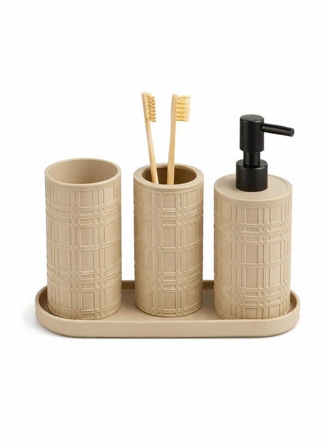 VOCO Bathroom Soap Dispenser 4 Piece Set for Wash Basin Countertop Handwash Liquid Soap Dispenser with Soap Holder Bathroom Accessories Set for Home Kitchen Sink Organizer -Beige - Image 1
