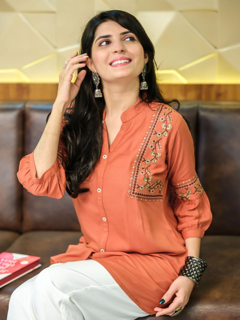 EthnicJunction Women's Rust Viscose Rayon Embroidered A-line Short Kurti | Short Kurti for Women | Top for Office | Women's Tunics Tops | Regular Fit Top - Image 5