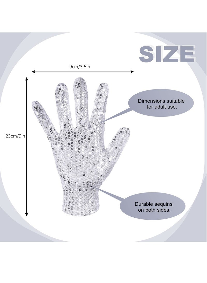 2 Pairs Sequin Gloves, Short Dance Gloves in Black and Silver Glitter for Party and Costume Accessories