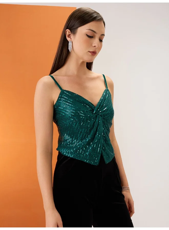 globus Globus Women Green Sweetheart Neck Shoulder Straps Twisted Detail Sequinned Party Top