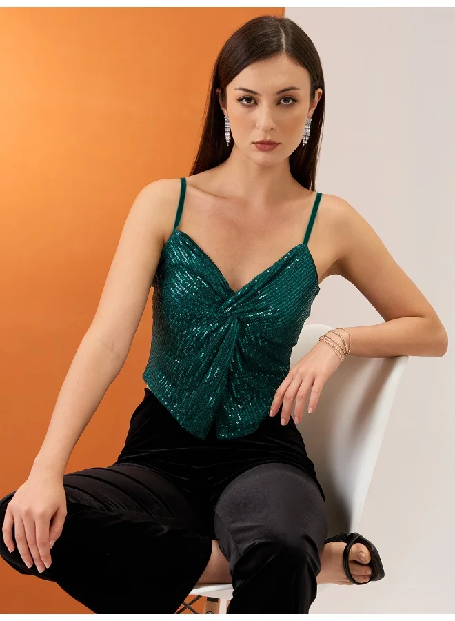 globus Globus Women Green Sweetheart Neck Shoulder Straps Twisted Detail Sequinned Party Top