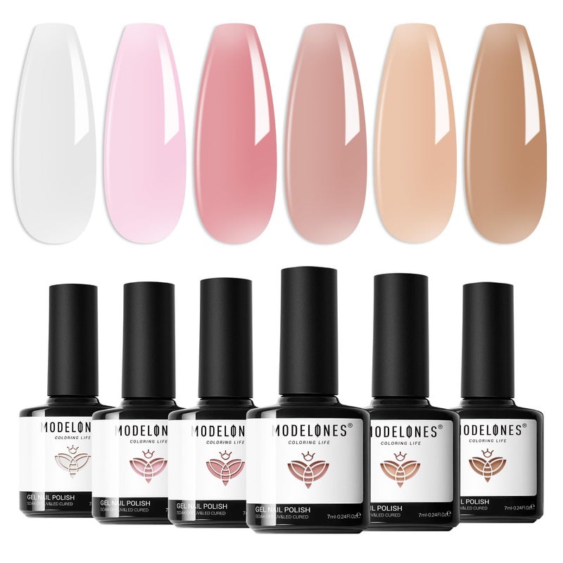 modelones Gel Nail Polish 6 Colors Transparent Jelly Milky White Sheer Pink Neutral Nude Gel Polish Nail Soak off Nail Polish French Nail Art Manicure DIY Home Salon Gift for Women - Image 1